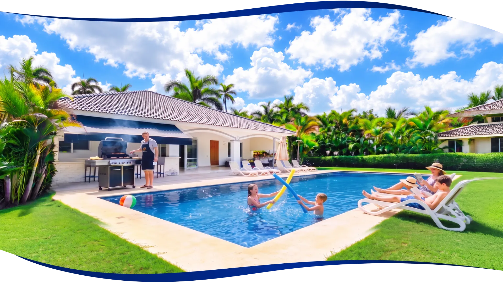 Family enjoying the pool and garden of their home in the Dominican Republic
